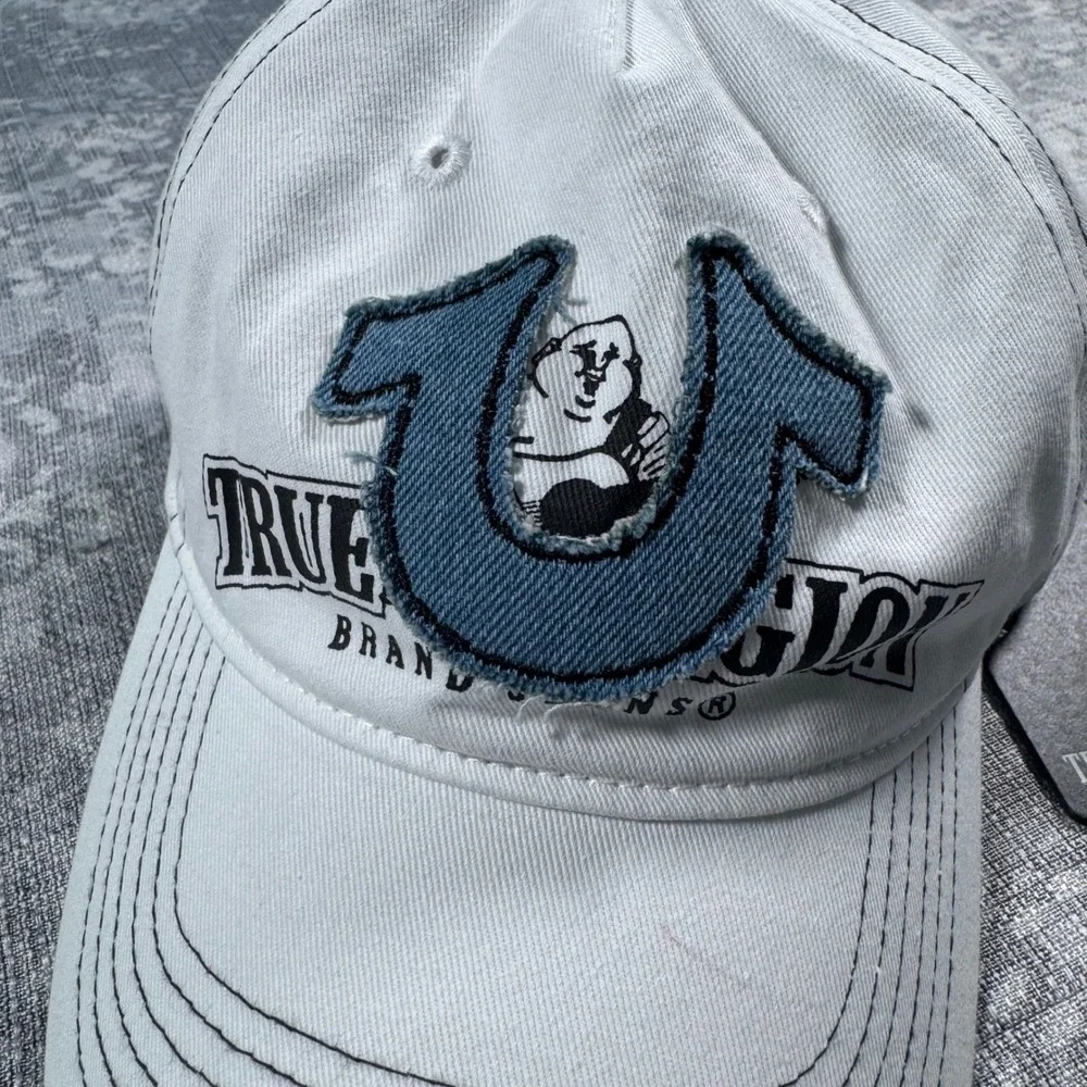 True Religion Buddha Horseshoe Cap Mens OS White Denim Patch Contrast Stitch